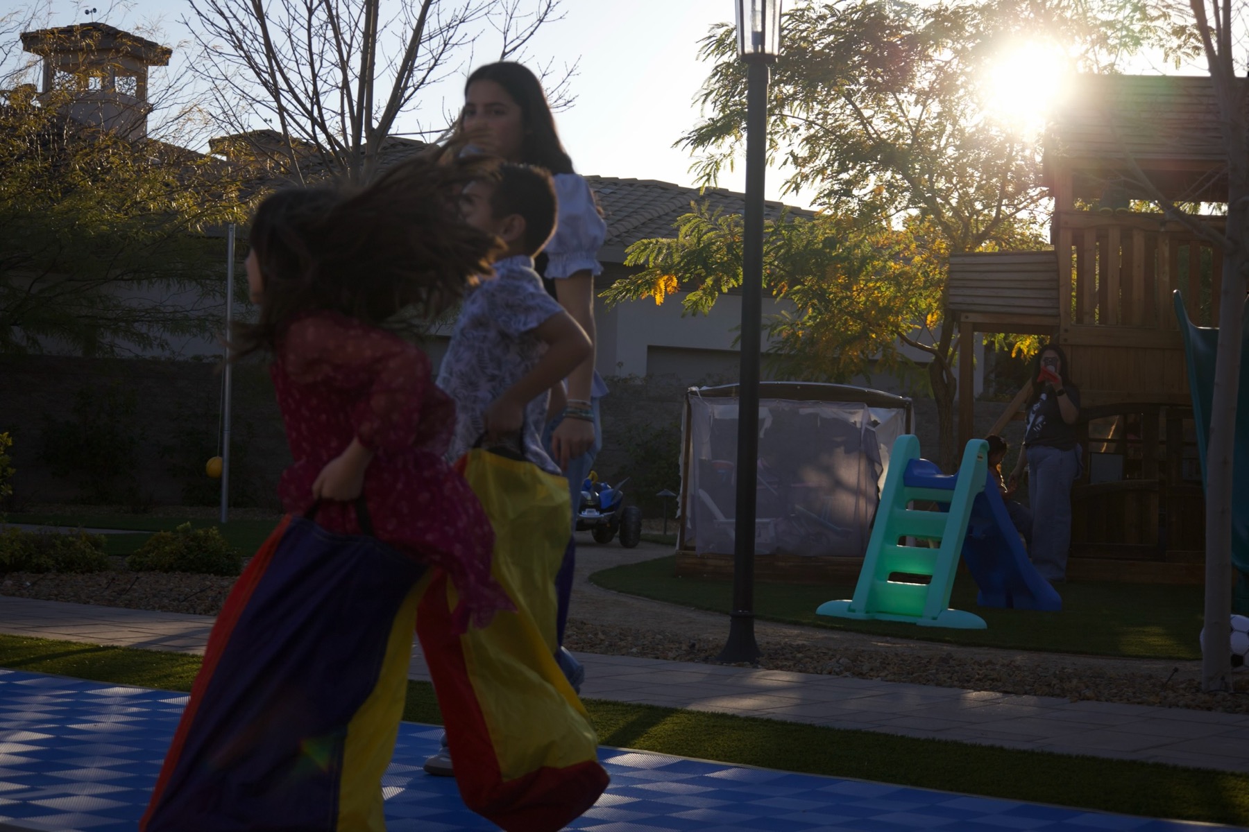 Sack race at golden hour