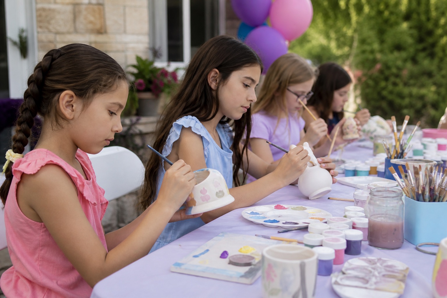 Girls painting ceramics at a Grazie Mille craft station