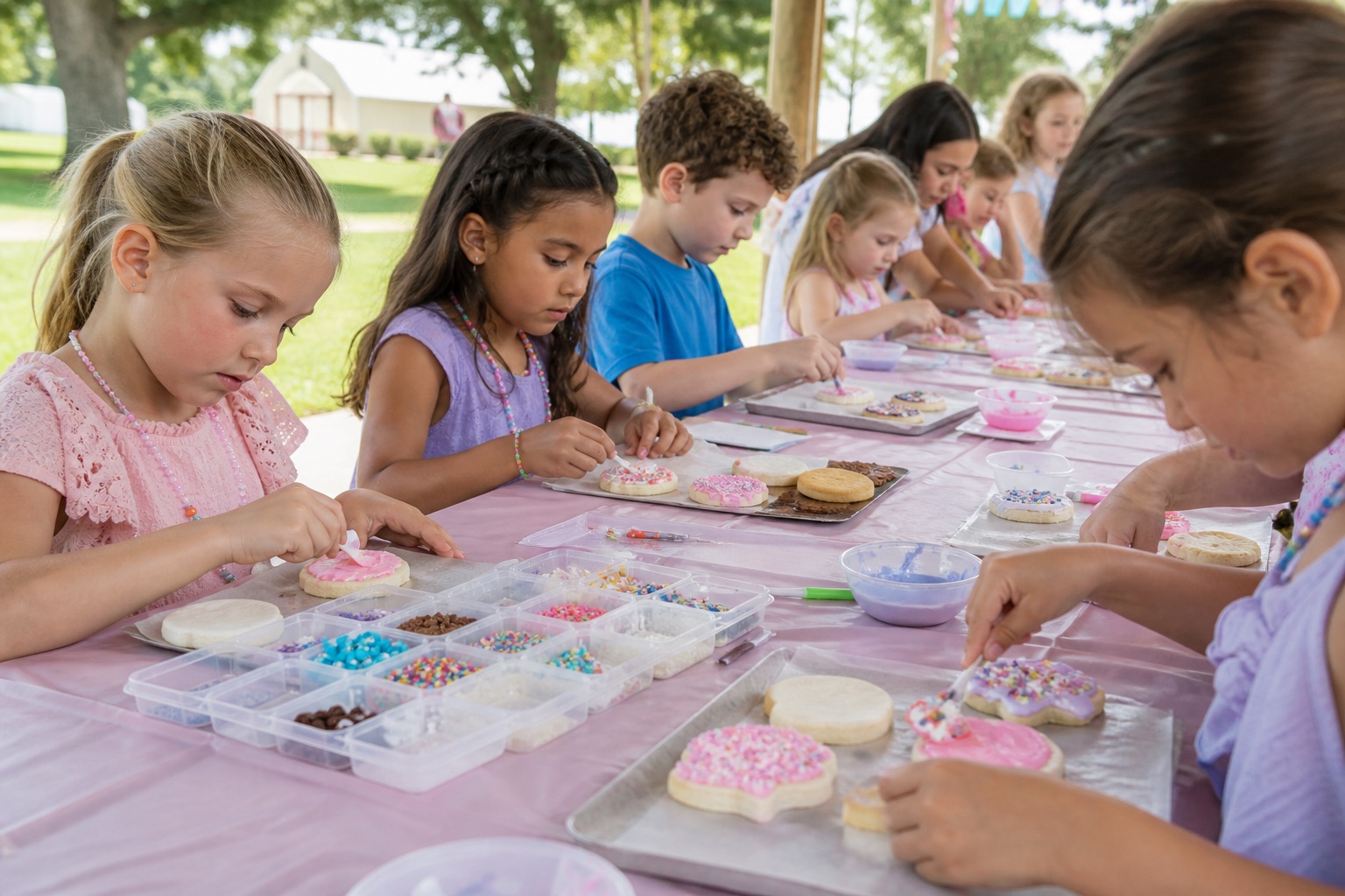 Kids decorating cookies at an outdoor craft station