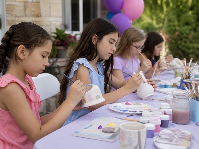 Girls painting ceramics at a Grazie Mille craft station