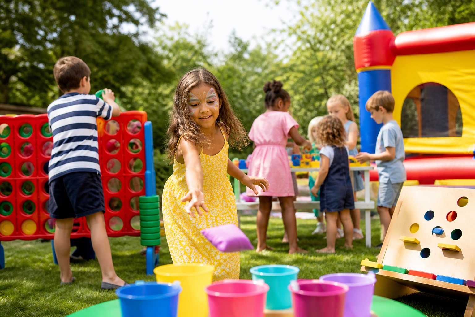 Kids playing outdoor party games at a hosted Grazie Mille event