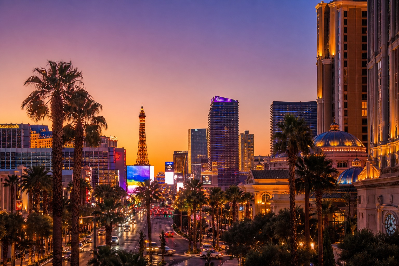 Las Vegas Strip skyline at dusk with palm trees and city lights